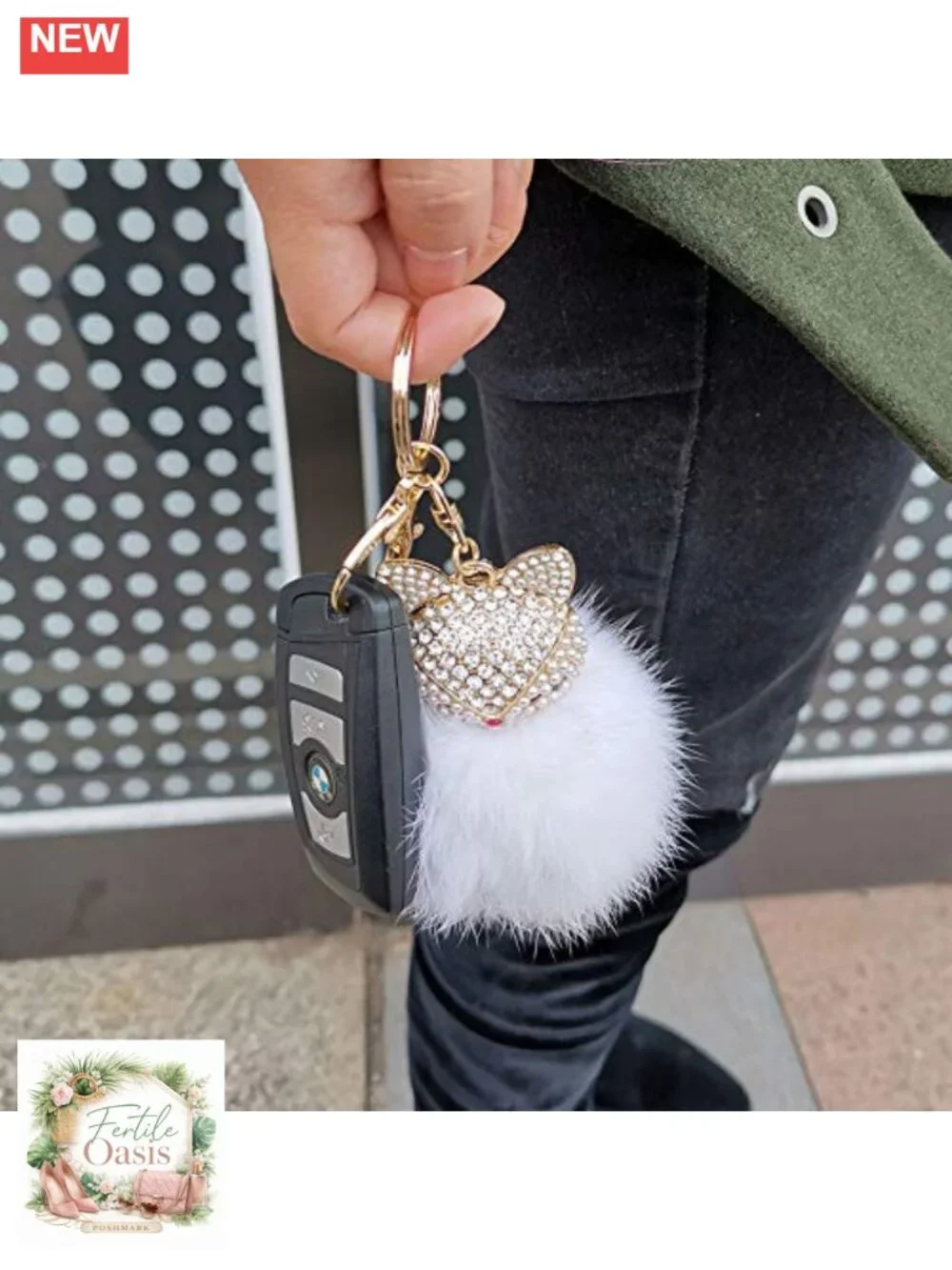Genuine Rabbit Fur Fox Head Keychain with Rhinestones, Lobster Clasp,